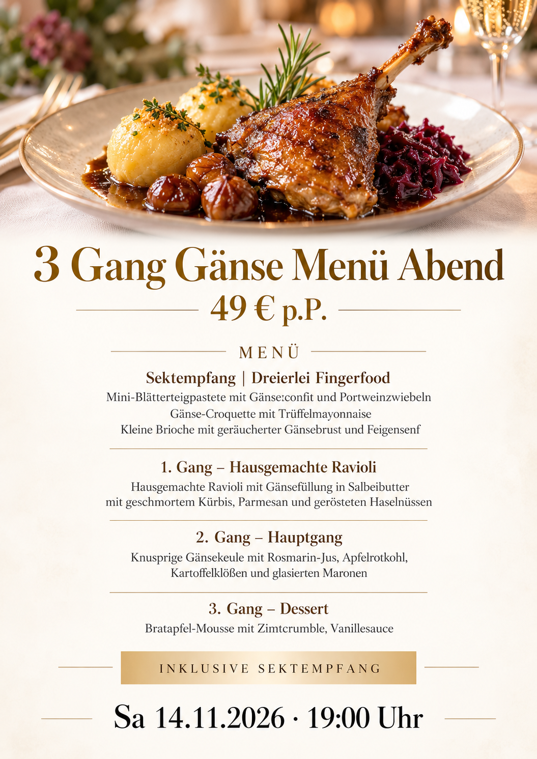 3 Gang Gänse Menü Abend am 14.11.2026